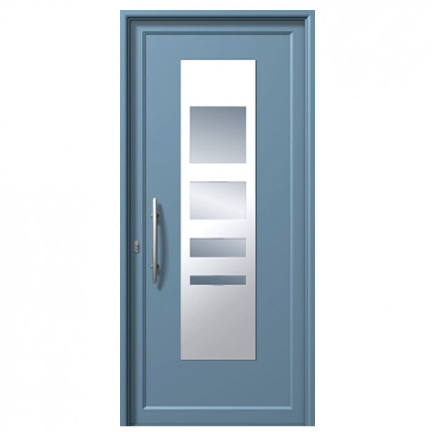 W-354 – ENTRY DOOR/ALUMINIUM/SECURITY. Blue entry door with modern design. Materials: Aluminium Security: Our armored doors are rated between class 2 and class 4.