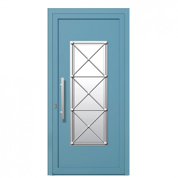 W-348 – ENTRY DOOR/ALUMINIUM/SECURITY. Blue entry door with modern design. Materials: Aluminium Security: Our armored doors are rated between class 2 and class 4.
