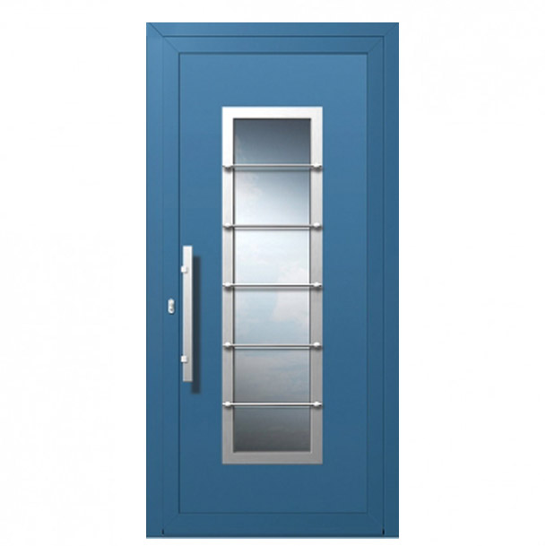 W-344 – ENTRY DOOR/ALUMINIUM/SECURITY. Blue entry door with modern design. Materials: Aluminium Security: Our armored doors are rated between class 2 and class 4.