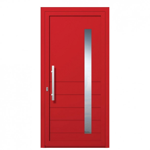 W-221– ENTRY DOOR/ALUMINIUM/SECURITY. Red entry door with modern design. Materials: Aluminium Security: Our armored doors are rated between class 2 and class 4.