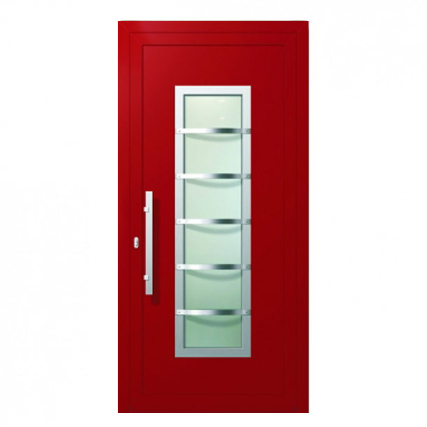 W-379 – ENTRY DOOR/ALUMINIUM/SECURITY. Red entry door with modern design. Materials: Aluminium Security: Our armored doors are rated between class 2 and class 4.