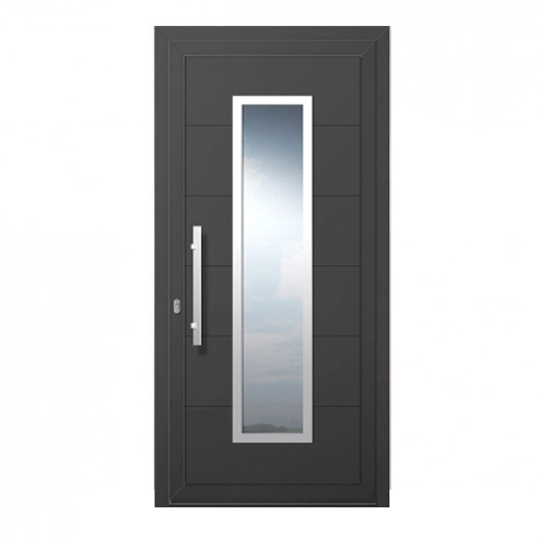 W-271 – ENTRY DOOR/ALUMINIUM/SECURITY. Grey entry door with modern design. Materials: Aluminium Security: Our armored doors are rated between class 2 and class 4.