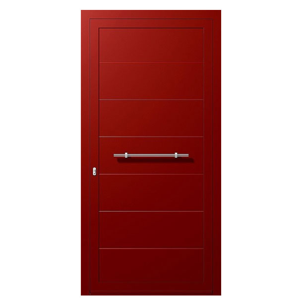 TEKNO 6 – ENTRY DOOR/ALUMINIUM/SECURITY. Red entry door with modern design. Materials: Aluminium Security: Our armored doors are rated between class 2 and class 4.