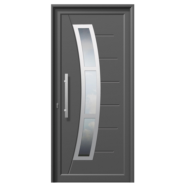 W-423 – ENTRY DOOR/ALUMINIUM/SECURITY. Grey entry door with modern design. Materials: Aluminium Security: Our armored doors are rated between class 2 and class 4.