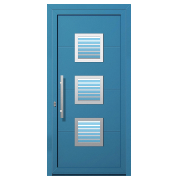 W-443 – ENTRY DOOR/ALUMINIUM/SECURITY. Blue entry door with modern design. Materials: Aluminium Security: Our armored doors are rated between class 2 and class 4.