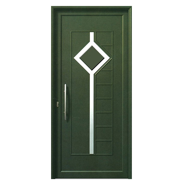 NOX 363 – ENTRY DOOR/ALUMINIUM/SECURITY. Green entry door with modern design. Materials: Aluminium Security: Our armored doors are rated between class 2 and class 4.