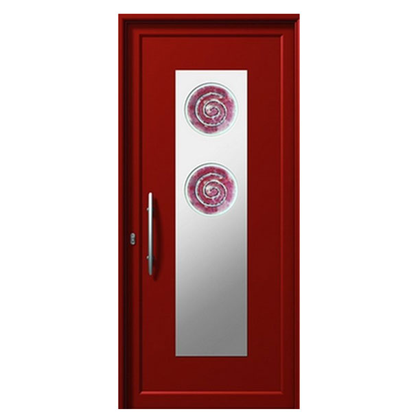 INOX 398 – ENTRY DOOR/ALUMINIUM/SECURITY. Red entry door with modern design. Materials: Aluminium Security: Our armored doors are rated between class 2 and class 4.