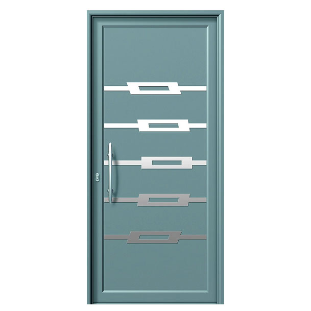 INOX 460 – ENTRY DOOR/ALUMINIUM/SECURITY. Blue entry door with modern design. Materials: Aluminium Security: Our armored doors are rated between class 2 and class 4.